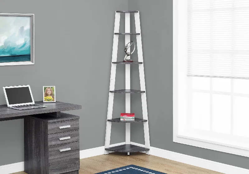 bookshelf with deep shelving units for large items -Bookcase - 72"H / Grey-White Corner Accent Etagere