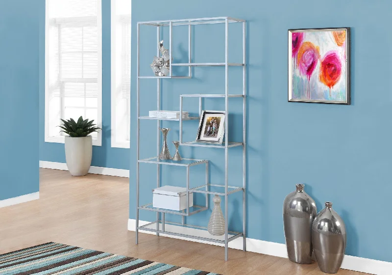 bookshelf with wood and metal contrast for a chic look -Bookcase - 72"H / Silver Metal With Tempered Glass