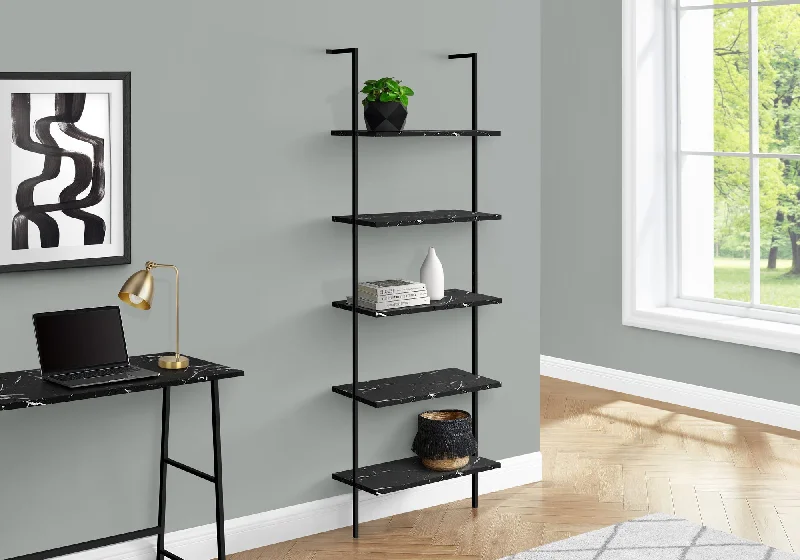 bookshelf with contemporary features for modern spaces -Bookcase - 72"H Ladder Black Marble / Black Metal