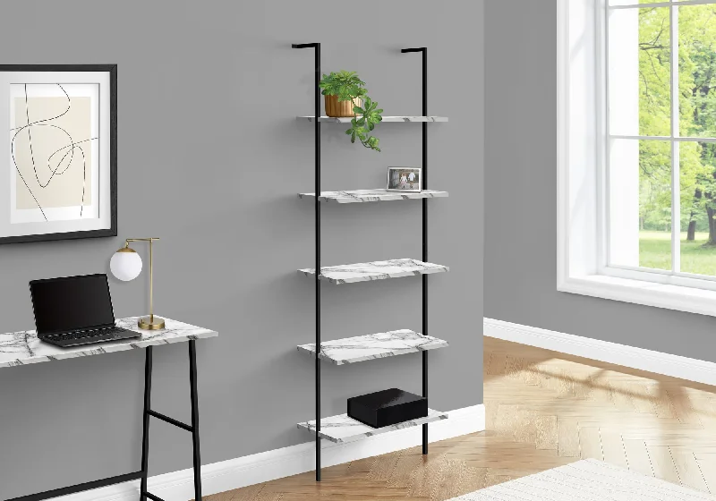 bookshelf with minimalistic design for small rooms -Bookcase - 72"H Ladder White Marble / Black Metal