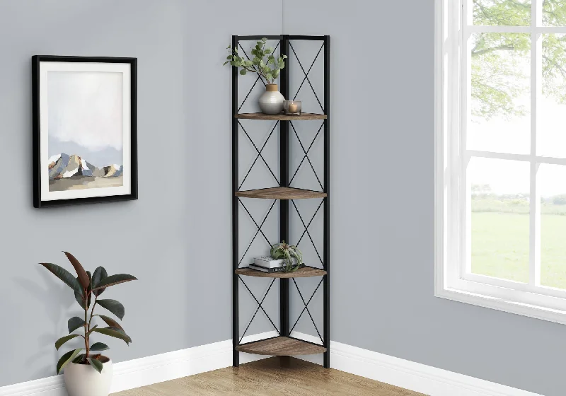 bookshelf with a clean, minimalist look for modern spaces -Bookcase - 60"H / Brown Reclaimed / Black Metal Corner