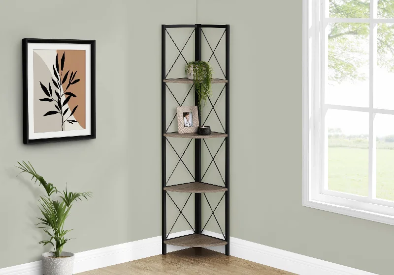 bookshelf with multifunctional design for organized space -Bookcase - 60"H / Dark Taupe / Black Metal Corner Etagere