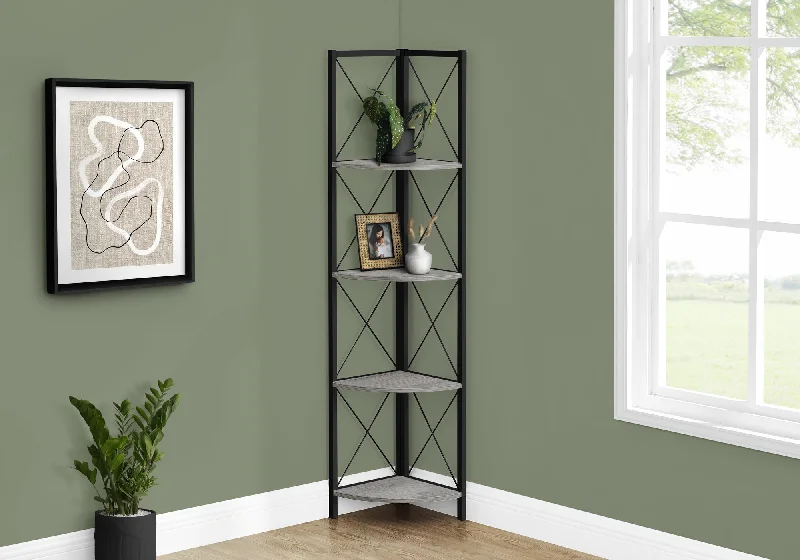 bookshelf with extra-wide shelves for larger books -Bookcase - 60"H / Grey / Black Metal Corner Etagere