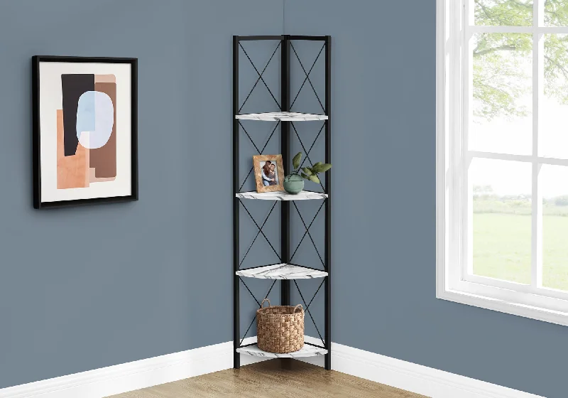 bookshelf with mixed wood and metal components -Bookcase - 60"H / White Marble / Black Metal Corner