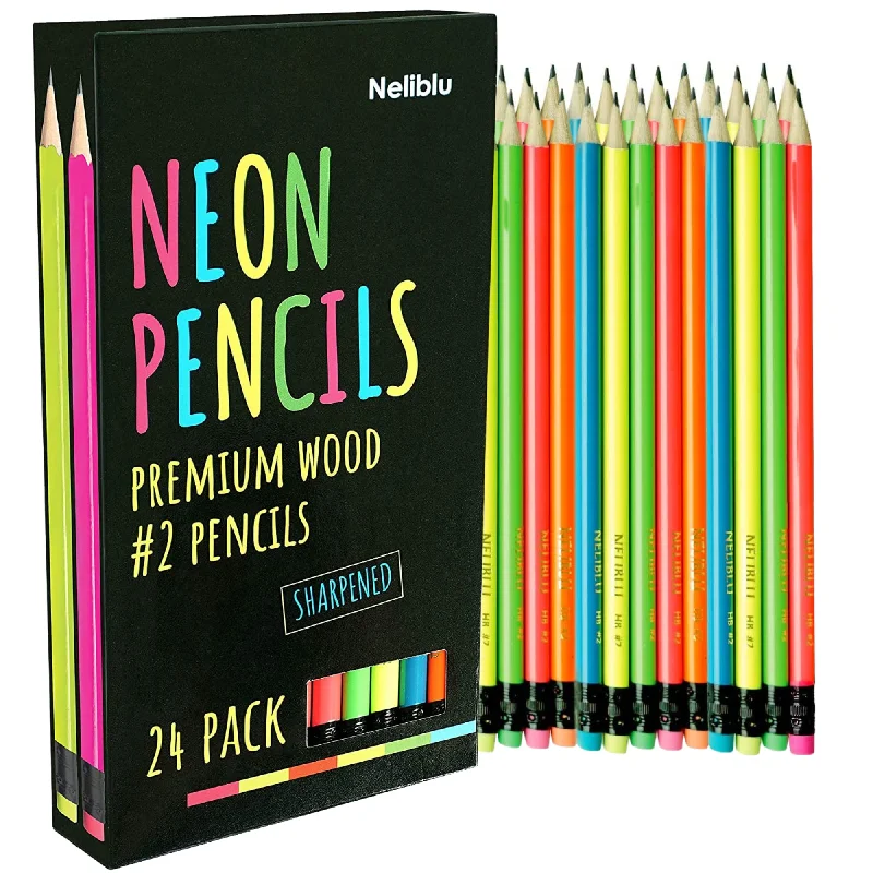 office supplies for maintaining client relations-Cool Neon Pencils - 2 Pre-Sharpened Non-Toxic Wood Pencils For Kids And Adults With