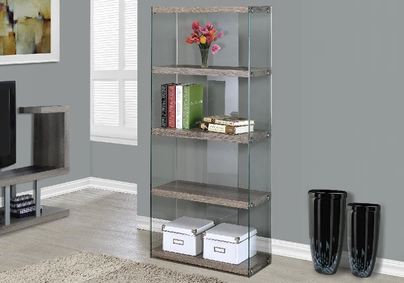 bookshelf with wooden finish for an inviting atmosphere -Bookcase - 60"H / Dark Taupe With Tempered Glass