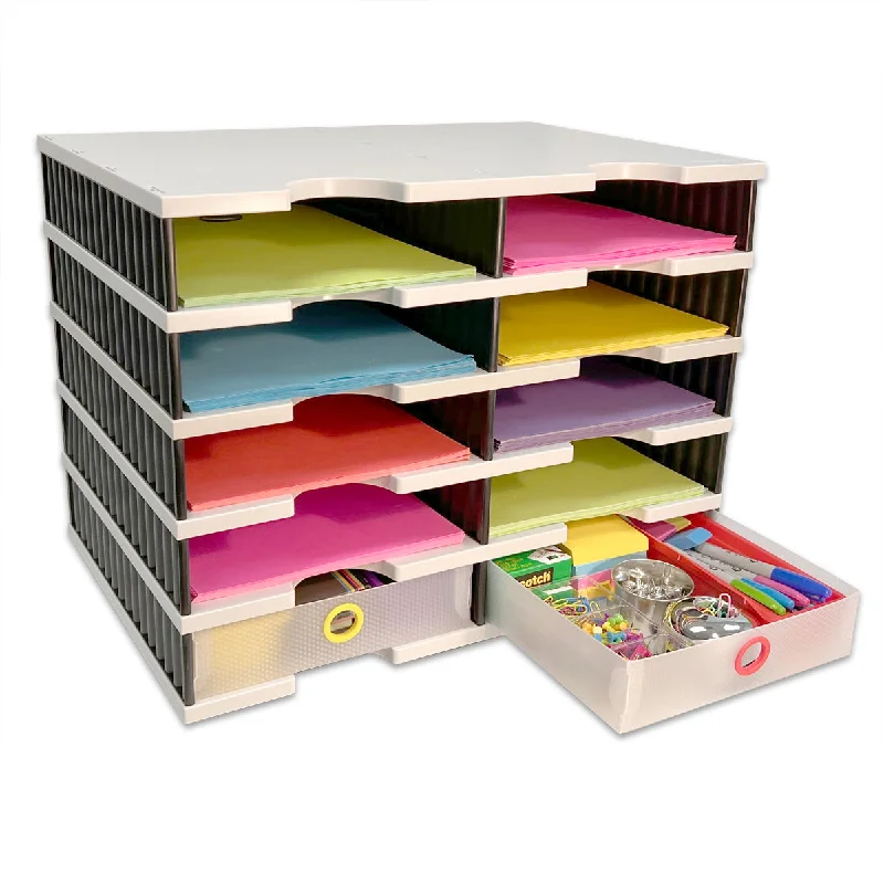 desktop storage box for paper supplies-Desktop Organizer 10 Letter Tray Sorter with 2 Supply Drawers - TierDrop™ Organizers Keep All of Your Documents, Files and Frequently Used Supplies at Your Fingertips in One Compact, Modular System