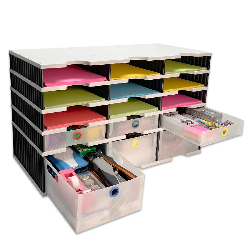 lightweight desktop storage box for desk-Desktop Organizer 12 Letter Tray Sorter PLUS Riser Base, 3 Supply & 3 Storage Drawers - TierDrop™ PLUS Keeps All of Your Documents & Supplies in Clear View & Within Arm's Reach Using Minimal Desk Space