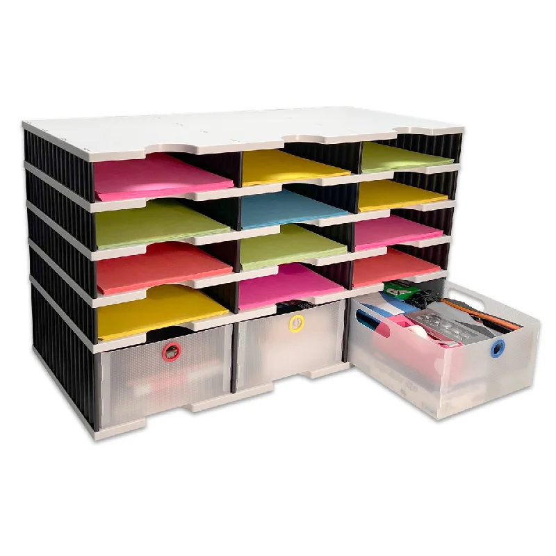 easy-to-use desktop storage box-Desktop Organizer 12 Letter Tray Sorter Plus Riser Storage Base & 3 Storage Drawers - Ultimate Office TierDrop™ Desktop Organizer Stores All of Your Documents & Supplies in One Compact Modular System