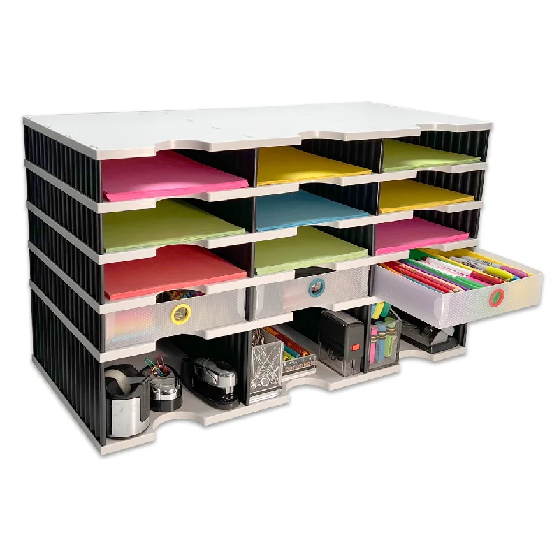 large drawer desktop storage box-Desktop Organizer 12 Letter Tray Sorter Plus Riser Storage Base & 3 Supply Drawers - Ultimate Office TierDrop™ Desktop Organizer Stores All of Your Documents & Supplies in One Compact Modular System