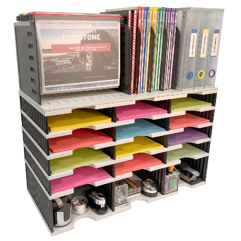 desktop storage box for organizing small desk items-Desktop Organizer 12 Letter Tray Sorter, Riser Base and Vertical File Topper - Ultimate Office TierDrop™ Organizer Stores All of Your Documents, Forms, Books & Binders in One Compact Modular System