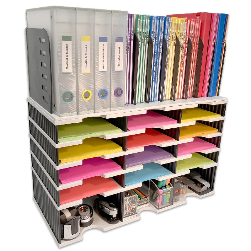 desktop storage box for small desk gadgets-Desktop Organizer 12 Letter Tray Sorter, Riser Base and Vertical File Topper - Ultimate Office TierDrop™ Organizer Stores All of Your Documents, Forms, Books & Binders in One Compact Modular System