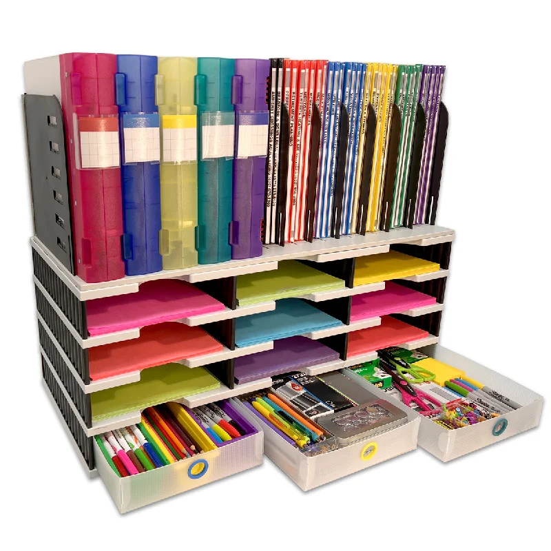 heavy-duty desktop storage box for organizing-Desktop Organizer 12 Letter Tray Sorter, Vertical File Top & 3 Supply Drawers - TierDrop™ Desktop Organizer Stores All of Your Documents, Forms, Binders, & Supplies in One Compact Modular System