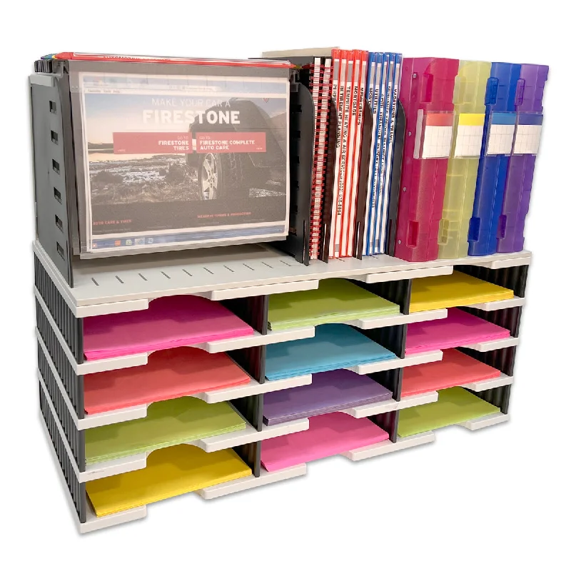 desktop storage box for organizing personal items-Desktop Organizer 12 Letter Tray Sorter with Vertical & Hanging File Topper - TierDrop™ Desktop Organizer Stores All of Your Documents, Forms, Books & Binders in One Compact Modular System