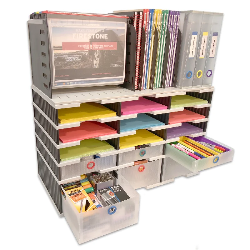 foldable desk storage box with compartments-Desktop Organizer 12 Slot Sorter, Riser Base, Hanging File, 3 Storage & 3 Supply Drawers - TierDrop™ Organizer Stores All of Your Documents, Files, Binders and Supplies in One Compact Modular System