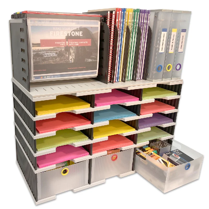 multi-purpose desktop storage box with lid-Desktop Organizer 12 Slot Sorter, Riser Base, Hanging File Top & 3 Storage Drawers - Ultimate Office TierDrop™ Organizer Keeps All of Your Documents, Binders and Supplies in One Compact Modular System