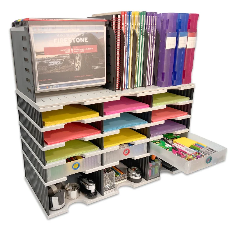 stylish storage box for desktop organization-Desktop Organizer 12 Slot Sorter, Riser Base, Hanging File Top & 3 Supply Drawers - Ultimate Office TierDrop™ Organizer Stores All of Your Documents, Binders and Supplies in One Compact Modular System