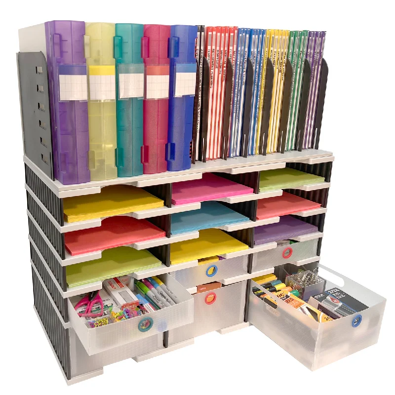 desktop storage box for craft supplies-Desktop Organizer 12 Slot Sorter, Riser Base, Vertical File, 3 Storage & 3 Supply Drawers - TierDrop™ Organizer Stores All of Your Documents, Files, Binders and Supplies in One Compact Modular System