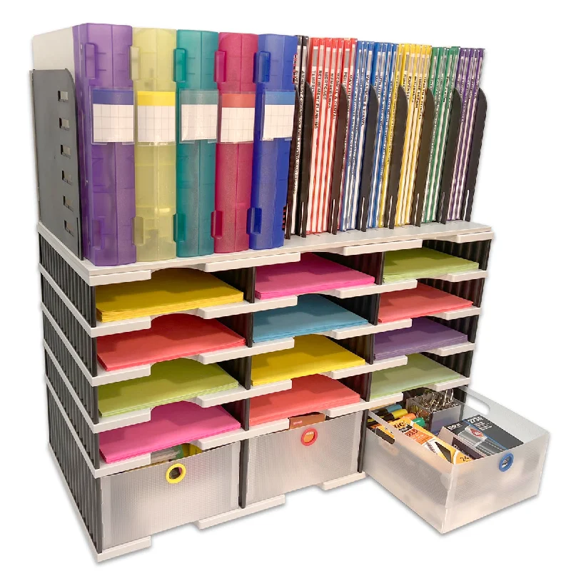 contemporary desktop storage box for office-Desktop Organizer 12 Slot Sorter, Riser Base, Vertical File Top & 3 Storage Drawers - Ultimate Office TierDrop™ Organizer Keeps All of Your Documents, Binders and Supplies in One Compact Modular System