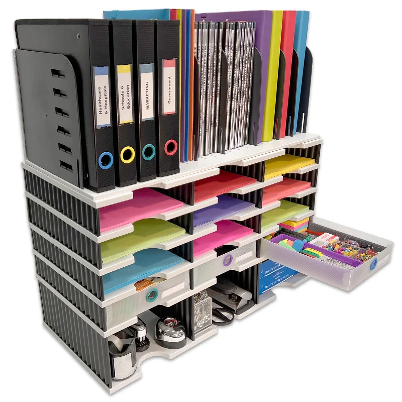 versatile desktop storage box with multiple compartments-Desktop Organizer 12 Slot Sorter, Riser Base, Vertical File Top & 3 Supply Drawers - Ultimate Office TierDrop™ Organizer Stores All of Your Documents, Binders and Supplies in One Compact Modular System