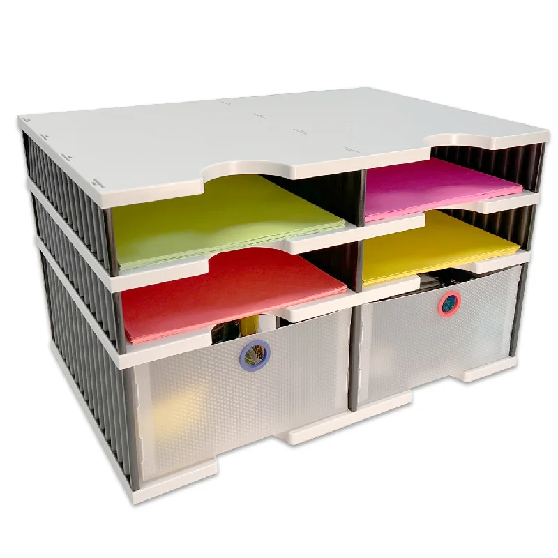 desktop storage box for organizing cables and wires-Desktop Organizer 4 Letter Tray Sorter Plus Riser Storage Base & 2 Storage Drawers - TierDrop™ Plus Stores All of Your Documents, Files, Forms & Frequently Used Supplies in One Compact Modular System