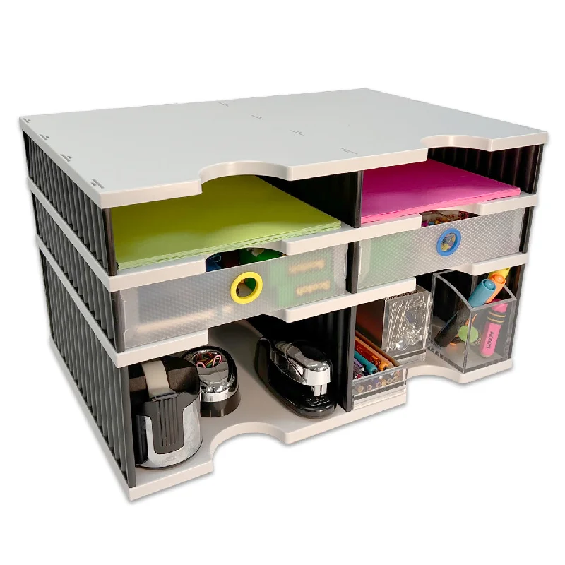 portable desktop storage box with compartments-Desktop Organizer 4 Letter Tray Sorter Plus Riser Storage Base & 2 Supply Drawers - TierDrop™ Plus Stores All of Your Documents, Files, Forms & Frequently Used Supplies in One Compact Modular System