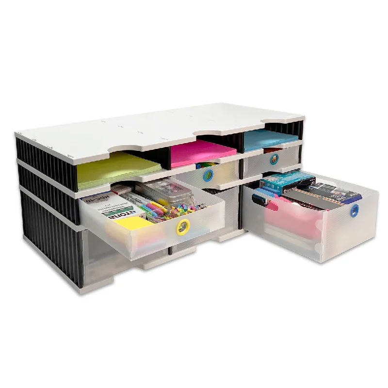 decorative desktop storage box for desk organization-Desktop Organizer 6 Letter Tray Sorter Plus Riser Base, 3 Supply & 3 Storage Drawers - Ultimate Office TierDrop™ Plus Stores All of Your Documents and Supplies in One Compact Modular System