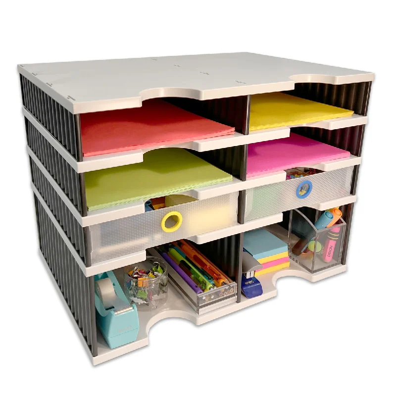 desktop storage box for small paper items-Desktop Organizer 6 Letter Tray Sorter Plus Riser Storage Base & 2 Supply Drawers - TierDrop™ Plus Stores All of Your Documents & Supplies in Clear View & Within Arm's Reach Using Minimal Desk Space