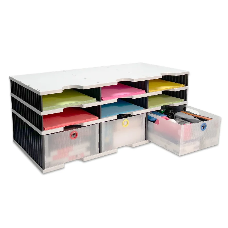 foldable storage box for desktop organization-Desktop Organizer 6 Letter Tray Sorter Plus Riser Storage Base & 3 Storage Drawers - Ultimate Office TierDrop™ Plus Stores All of Your Documents and Supplies in One Compact Modular System