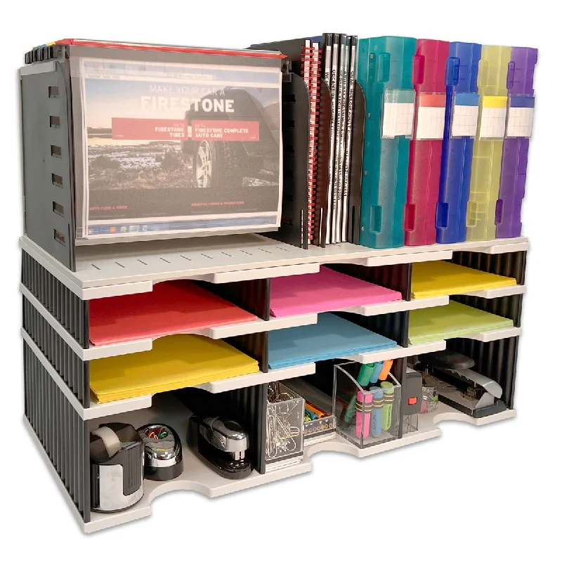 large desktop storage box for home office-Desktop Organizer 6 Letter Tray Sorter, Riser Storage Base and Hanging File Topper - Uses Vertical Space to Keep All of Your Documents, Files, Forms, Books & Binders In Clear View & Within Arm's Reach