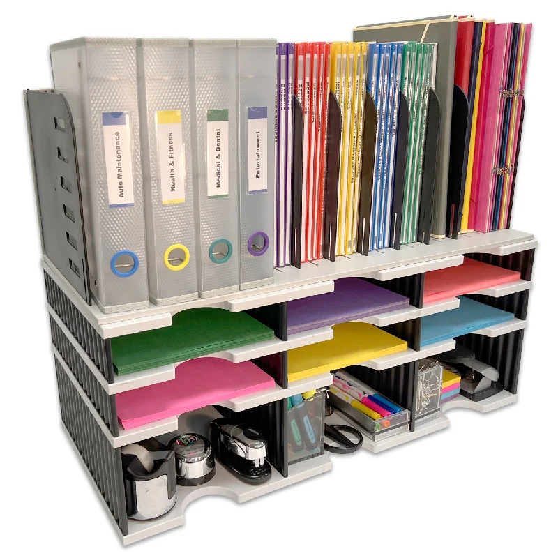 desktop storage box for office desk essentials-Desktop Organizer 6 Letter Tray Sorter, Riser Storage Base and Vertical File Topper - Uses Vertical Space to Put All of Your Documents, Files, Forms, Books & Binders In Clear View & Within Arm's Reach