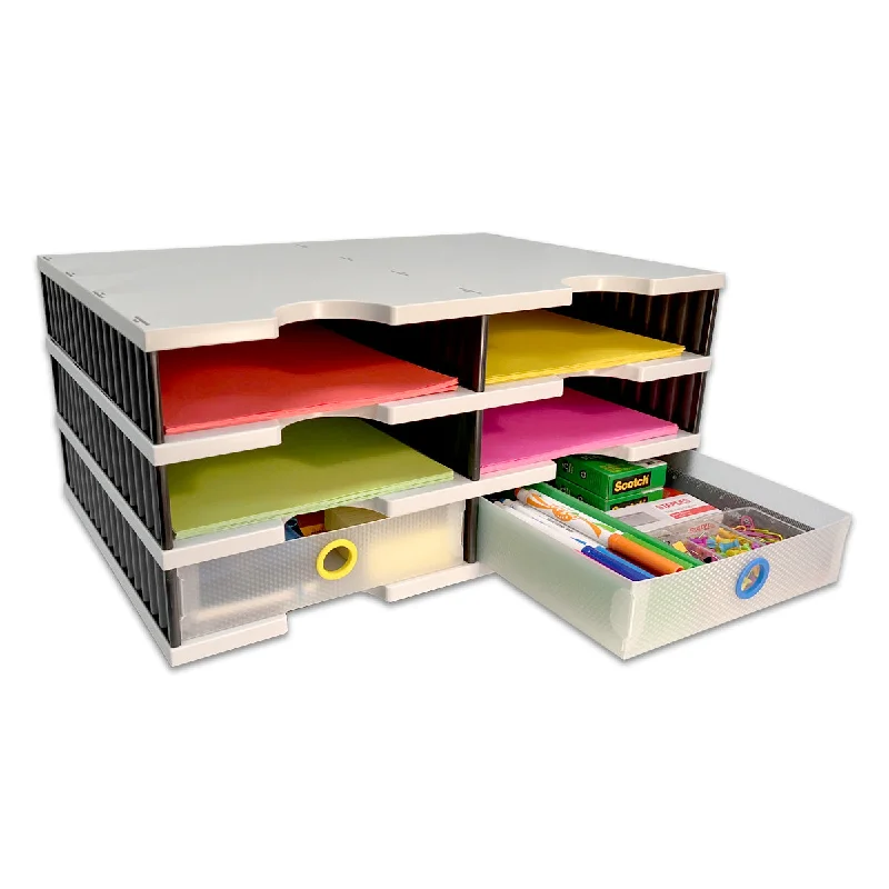 desktop storage box with drawer compartments-Desktop Organizer 6 Letter Tray Sorter with 2 Supply Drawers - TierDrop™ Organizers Keep All of Your Documents, Files and Frequently Used Supplies at Your Fingertips in One Compact, Modular System