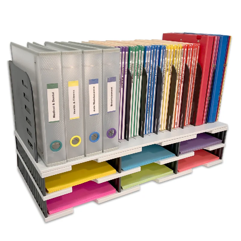 modern desktop storage box for organizing-Desktop Organizer 6 Letter Tray Sorter with 8 Slot Vertical File Top - TierDrop™ Organizers Use Vertical Space to Store All of Your Documents, Files, Books & Binders in Clear View & Within Arm's Reach