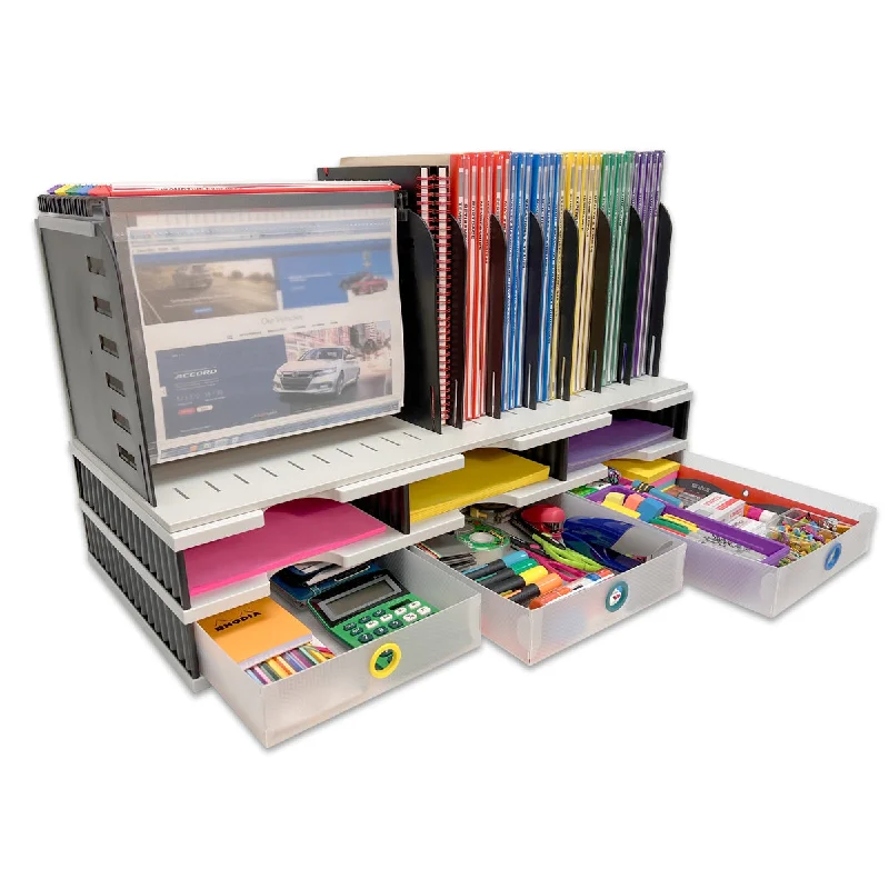 simple desktop storage box with lid-Desktop Organizer 6 Letter Tray Sorter with Hanging File Topper & 3 Supply Drawers - Uses Vertical Space to Store All of Your Documents, Files, Binders and Supplies in Clear View & Within Arm's Reach