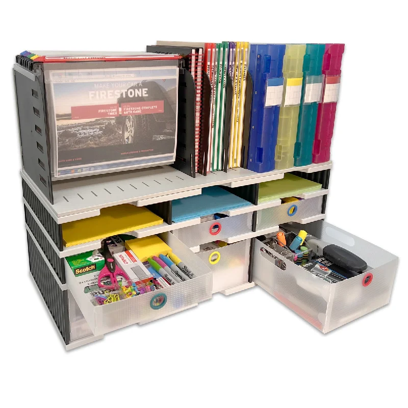 stackable organizer box for desktop-Desktop Organizer 6 Slot Sorter, Riser Base, Hanging File, 3 Storage & 3 Supply Drawers - Uses Vertical Space to Store All of Your Documents, Binders and Supplies in Clear View & Within Arm's Reach