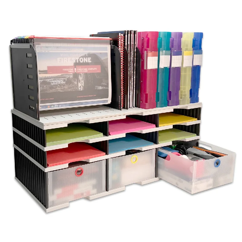 simple desktop storage box for desk accessories-Desktop Organizer 6 Slot Sorter, Riser Base, Hanging File Top & 3 Storage Drawers - Uses Vertical Space to Store All of Your Documents, Files, Binders and Supplies in Clear View & Within Arm's Reach