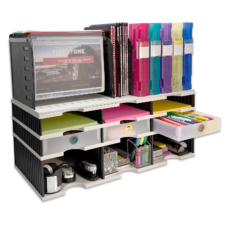 portable desktop storage box for office desk-Desktop Organizer 6 Slot Sorter, Riser Base, Hanging File Top & 3 Supply Drawers - Uses Vertical Space to Store All of Your Documents, Files, Binders and Supplies in Clear View & Within Arm's Reach