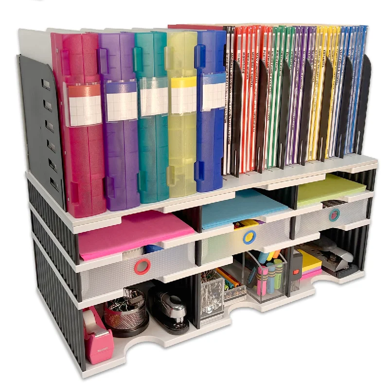 eco-friendly fabric desktop storage box-Desktop Organizer 6 Slot Sorter, Riser Base, Vertical File Top & 3 Supply Drawers - Uses Vertical Space to Store All of Your Documents, Files, Binders and Supplies in Clear View & Within Arm's Reach