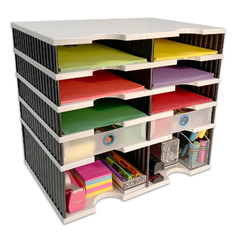 desktop storage box for organizing office supplies-Desktop Organizer 8 Letter Tray Sorter Plus Riser Storage Base & 2 Supply Drawers - TierDrop™ Plus Stores All of Your Documents, Files, Forms & Frequently Used Supplies in One Compact Modular System