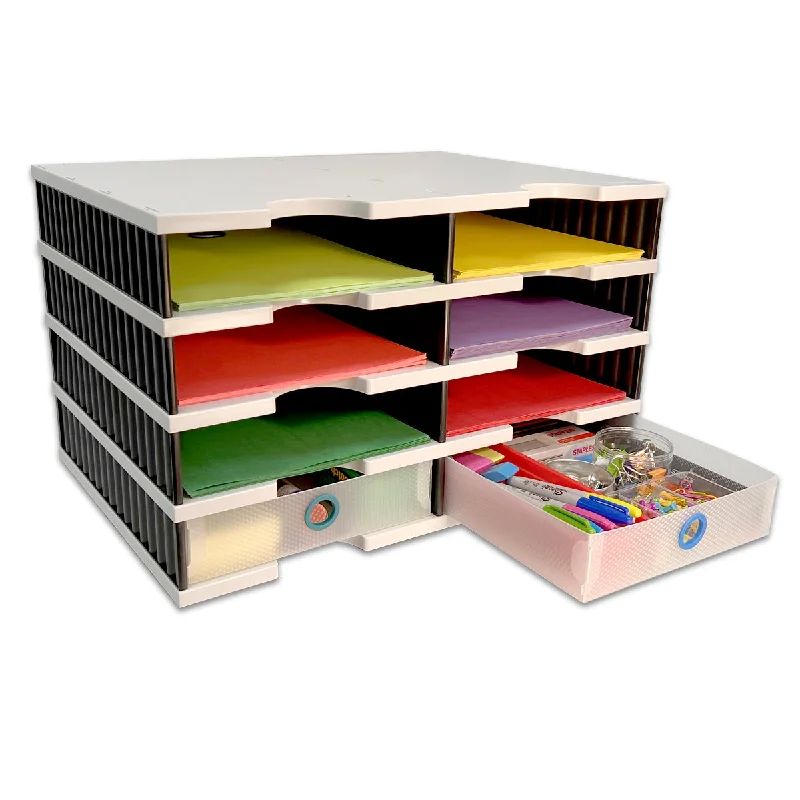 foldable desktop storage box for small office items-Desktop Organizer 8 Letter Tray Sorter with 2 Supply Drawers - TierDrop™ Organizers Keep All of Your Documents, Files and Frequently Used Supplies at Your Fingertips in One Compact, Modular System