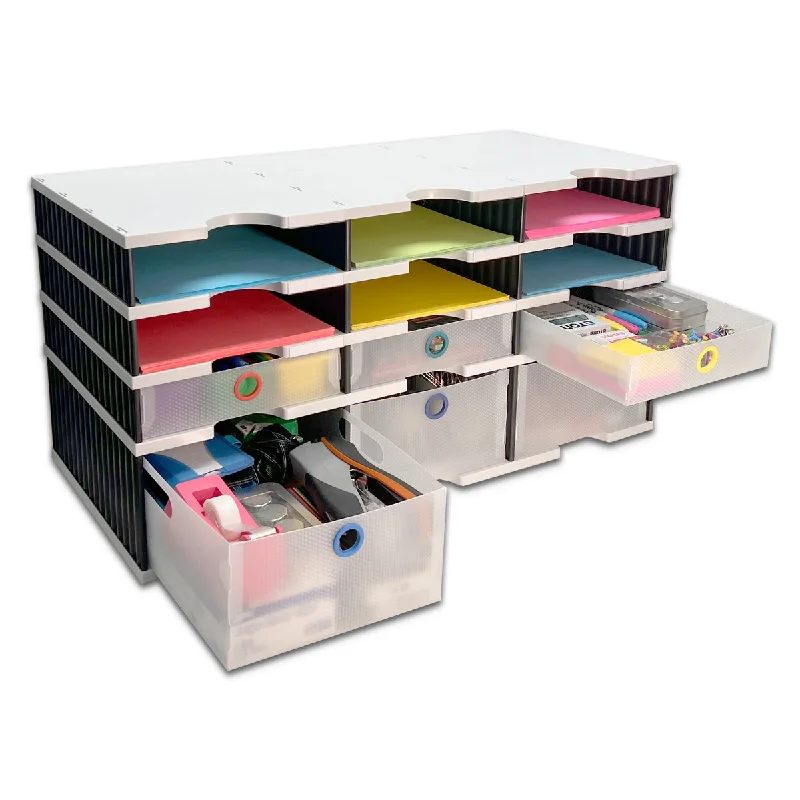 foldable desktop storage box for home office-Desktop Organizer 9 Letter Tray Sorter PLUS Riser Base, 3 Supply & 3 Storage Drawers - TierDrop™ PLUS Stores All of Your Documents & Supplies in Clear View & Within Arm's Reach Using Minimal Desk Space