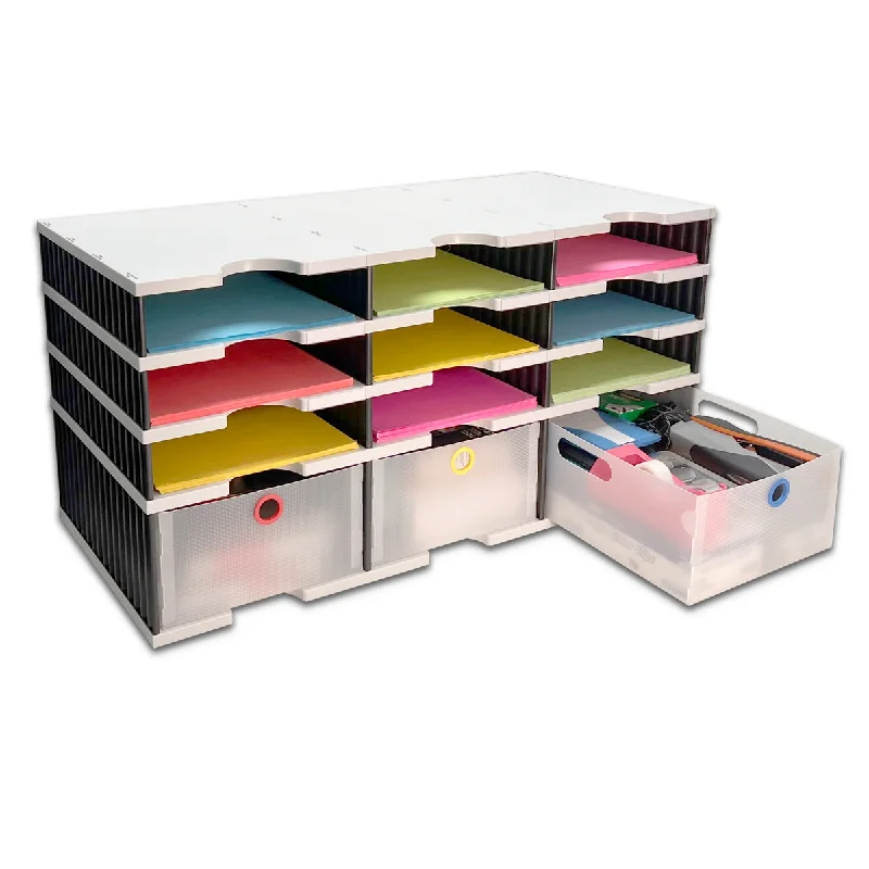 simple fabric desktop storage box-Desktop Organizer 9 Letter Tray Sorter Plus Riser Storage Base & 3 Storage Drawers - TierDrop™ Plus Stores All of Your Documents & Supplies in Clear View & Within Arm's Reach Using Minimal Desk Space