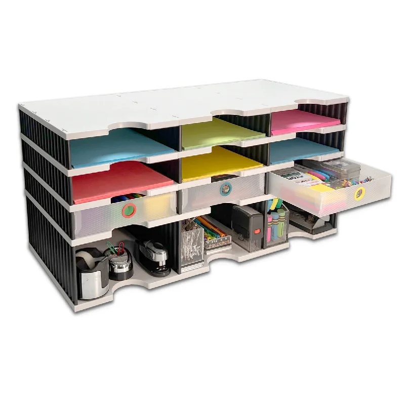 office desktop storage box with multiple sections-Desktop Organizer 9 Letter Tray Sorter Plus Riser Storage Base & 3 Supply Drawers - TierDrop™ Plus Stores All of Your Documents & Supplies in Clear View & Within Arm's Reach Using Minimal Desk Space