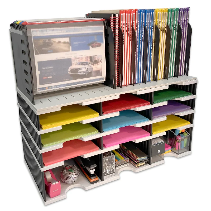 eco-friendly desktop storage box for organizing-Desktop Organizer 9 Letter Tray Sorter, Riser Storage Base and Hanging File Topper - Uses Vertical Space to Keep All of Your Documents, Files, Forms, Books & Binders In Clear View & Within Arm's Reach