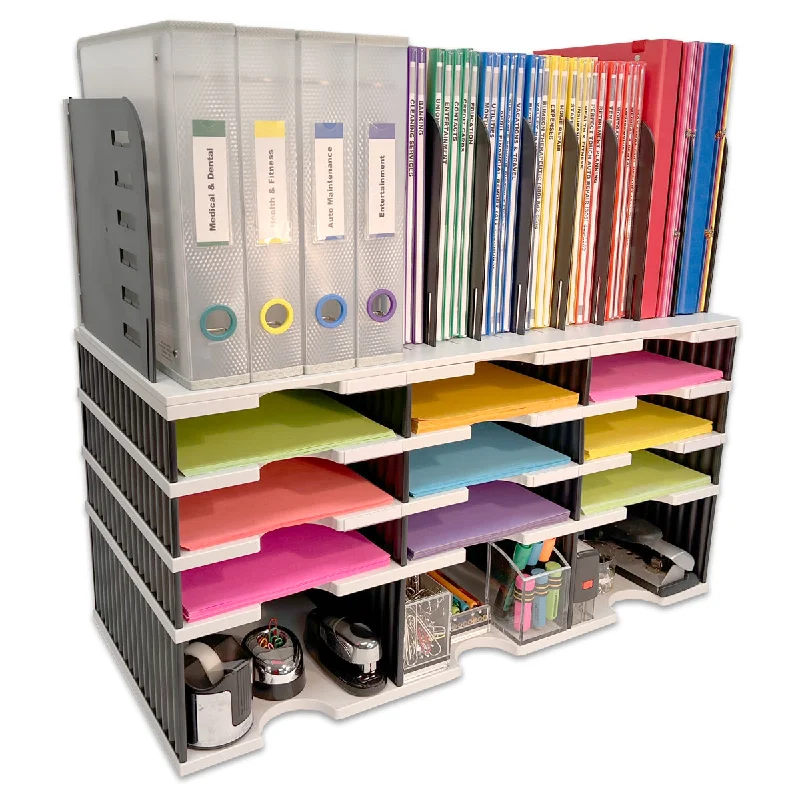 large stackable desktop storage box-Desktop Organizer 9 Letter Tray Sorter, Riser Storage Base and Vertical File Topper - Uses Vertical Space to Put All of Your Documents, Files, Forms, Books & Binders In Clear View & Within Arm's Reach