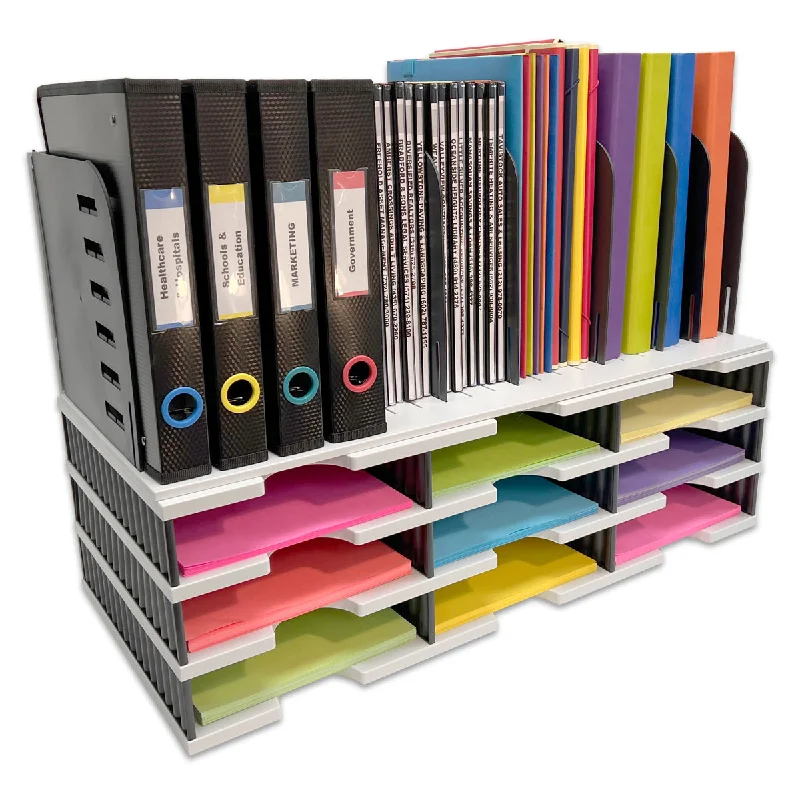 large desktop storage box for organizing desk items-Desktop Organizer 9 Letter Tray Sorter With 8 Slot Vertical File Topper - Ultimate Office TierDrop Organizer Stores All of Your Documents Files Binders & Supplies in Clear View & Within Arm's Reach