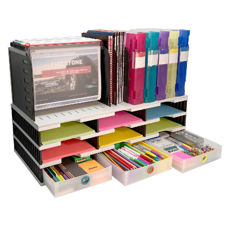 stackable desktop storage box for small office supplies-Desktop Organizer 9 Letter Tray Sorter with Hanging File Topper & 3 Supply Drawers - Uses Vertical Space to Store All of Your Documents, Files, Binders and Supplies in Clear View & Within Arm's Reach