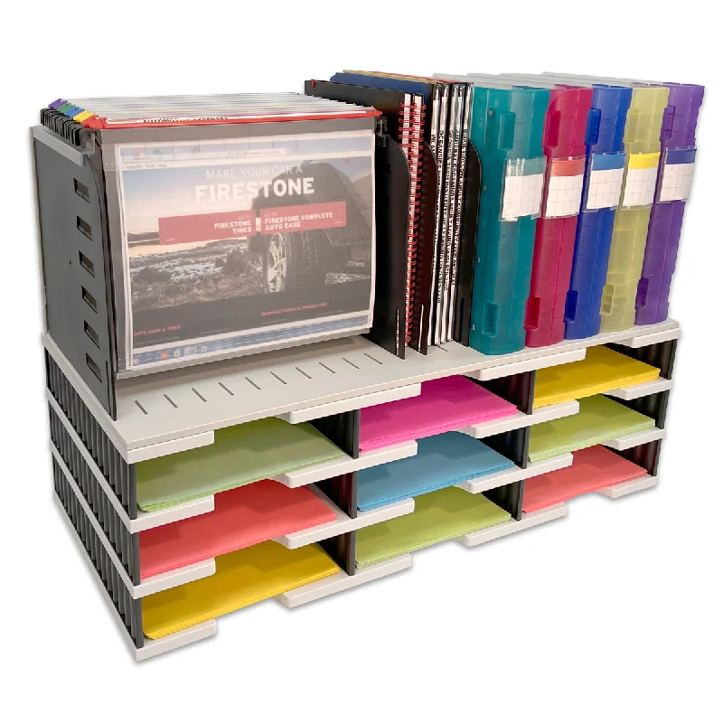 desk storage box for office paperwork-Desktop Organizer 9 Letter Tray Sorter with Vertical & Hanging File Topper - Uses Vertical Space to Store All of Your Documents, Files, Forms, Books & Binders In Clear View & Within Arm's Reach