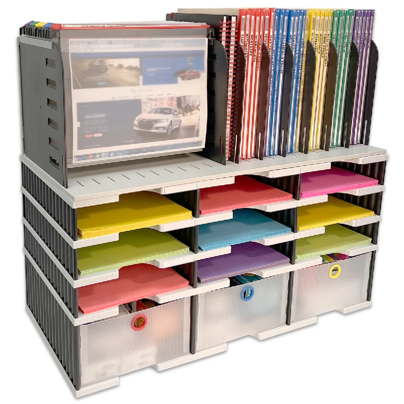 compact drawer desktop storage box for desk-Desktop Organizer 9 Slot Sorter, Riser Base, Hanging File Top & 3 Storage Drawers - Uses Vertical Space to Store All of Your Documents, Files, Binders and Supplies in Clear View & Within Arm's Reach