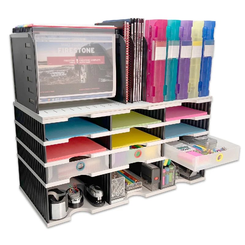 small stackable desktop storage box-Desktop Organizer 9 Slot Sorter, Riser Base, Hanging File Top & 3 Supply Drawers - Uses Vertical Space to Store All of Your Documents, Files, Binders and Supplies in Clear View & Within Arm's Reach